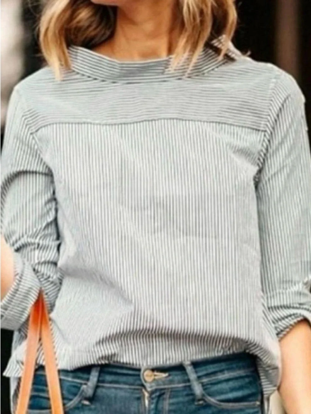 J. Crew Black Funnel neck Striped   Button-Shoulder Top high low hem size 12